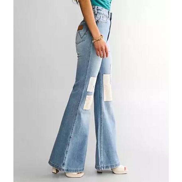 Billabong X Wrangler Womens High Rise Super Flare Blue Jeans Floral Patchwork 28 - Picture 2 of 16